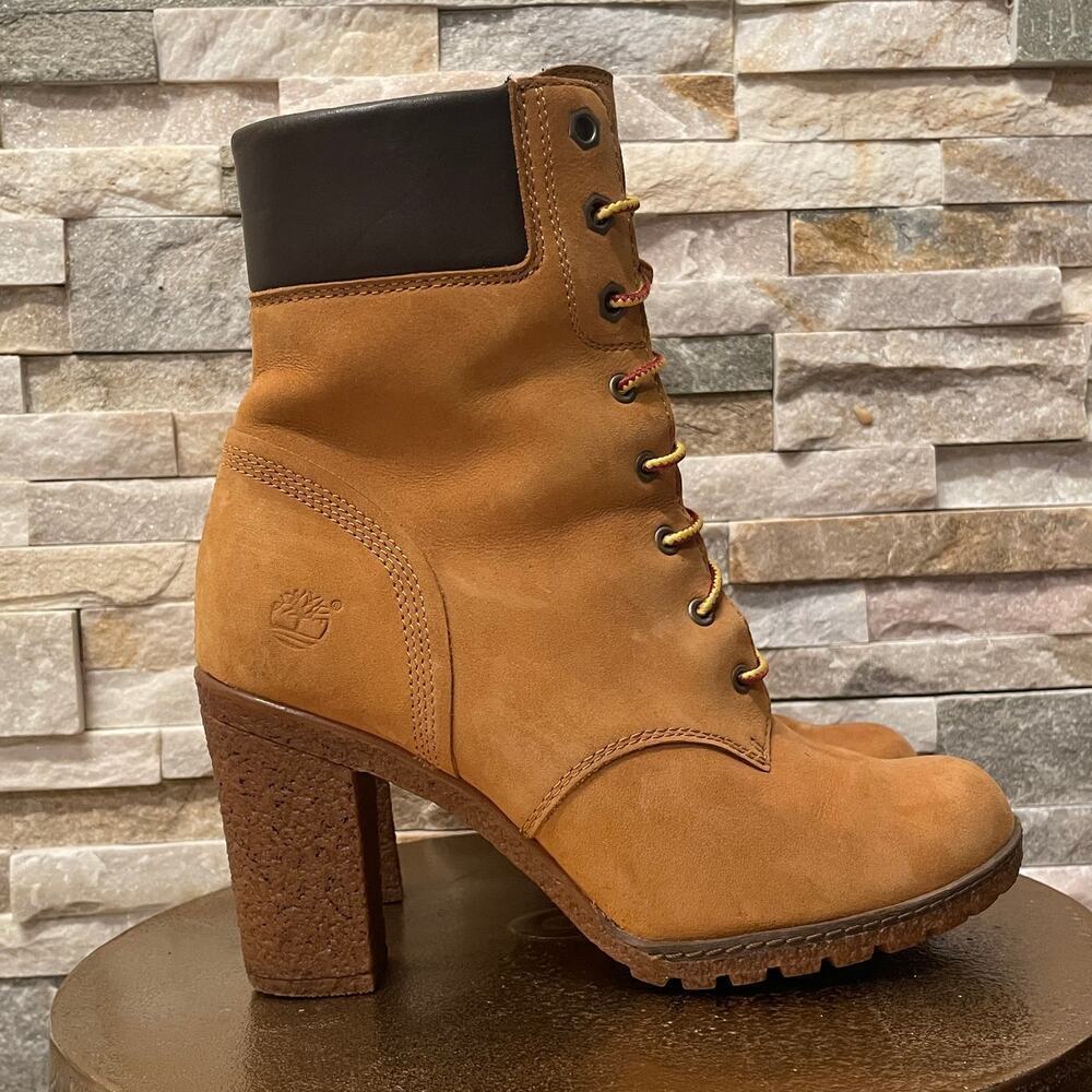 Timberland Lace-Up Heeled Boots | Wheat Nubuck, Stacked Heel, 7 - Picture 9 of 10
